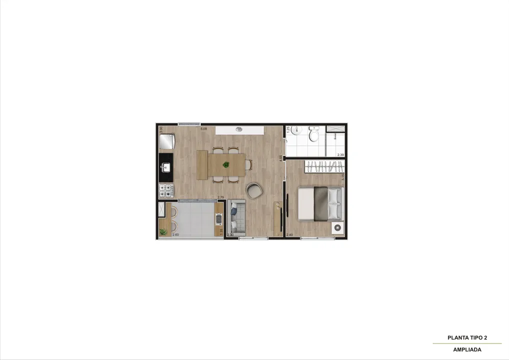 Planta tipo 2 ampliada, 37 m²