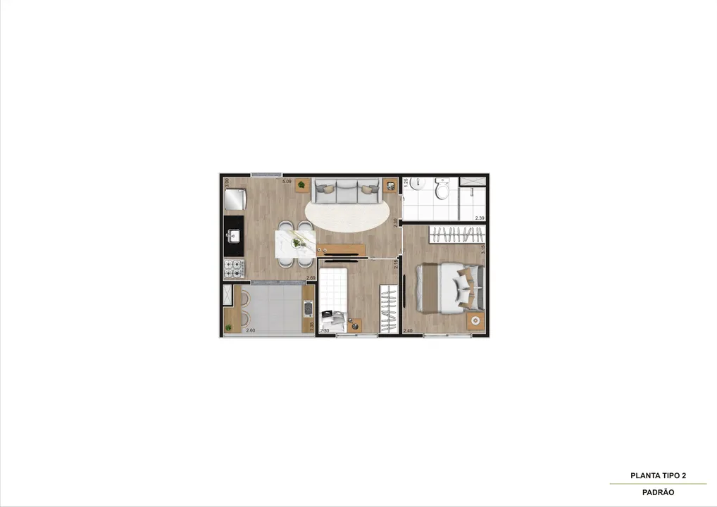 Planta tipo 2, 37 m²