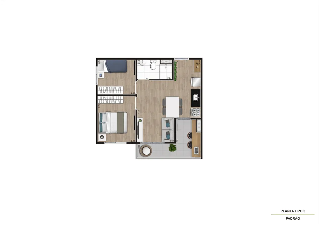 Planta tipo 3, 43 m²