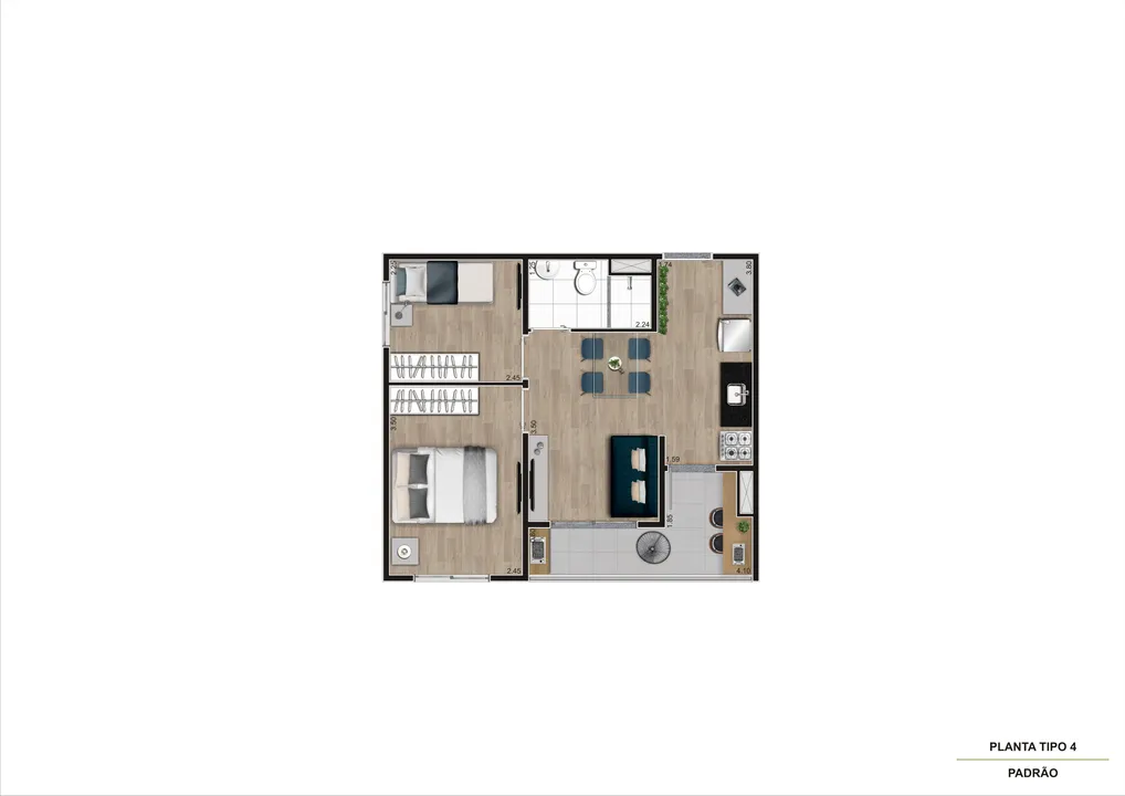 Planta tipo 4, 42 m²