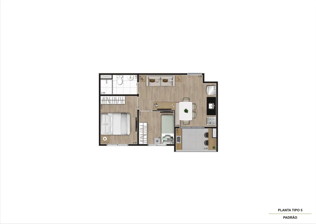 Planta tipo 5, 38 m²