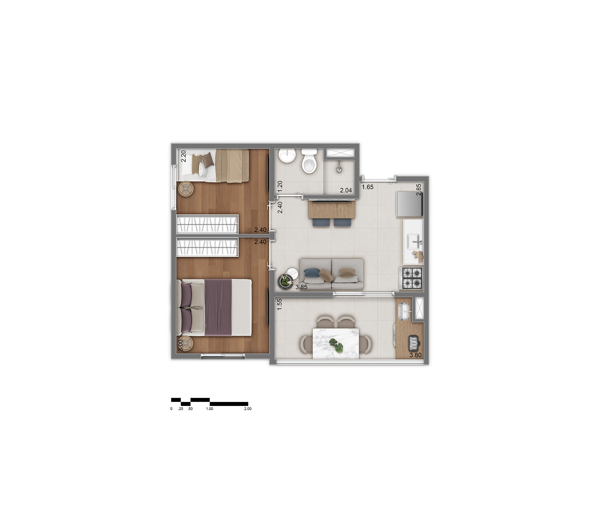 Planta Tipo A - 2 Quartos 35m²