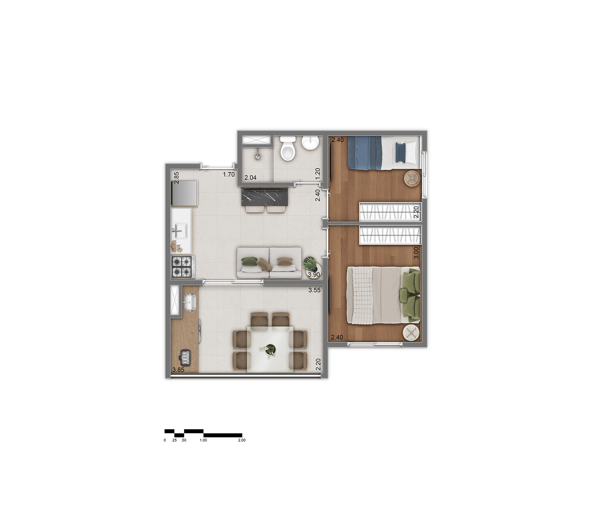 Planta Tipo D - 2 Quartos 38m²