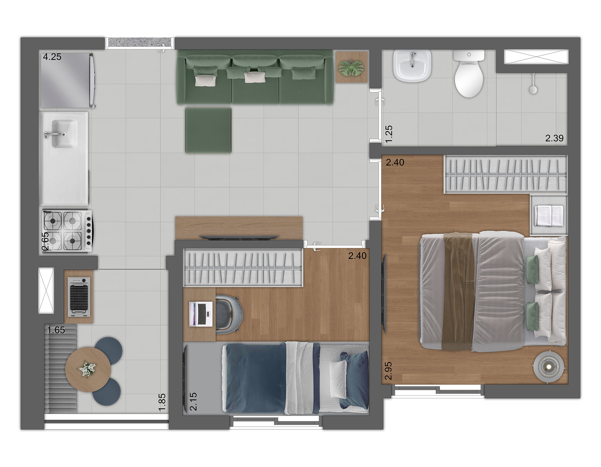 Planta Tipo D - Opção2 - 2 Quartos 34m²