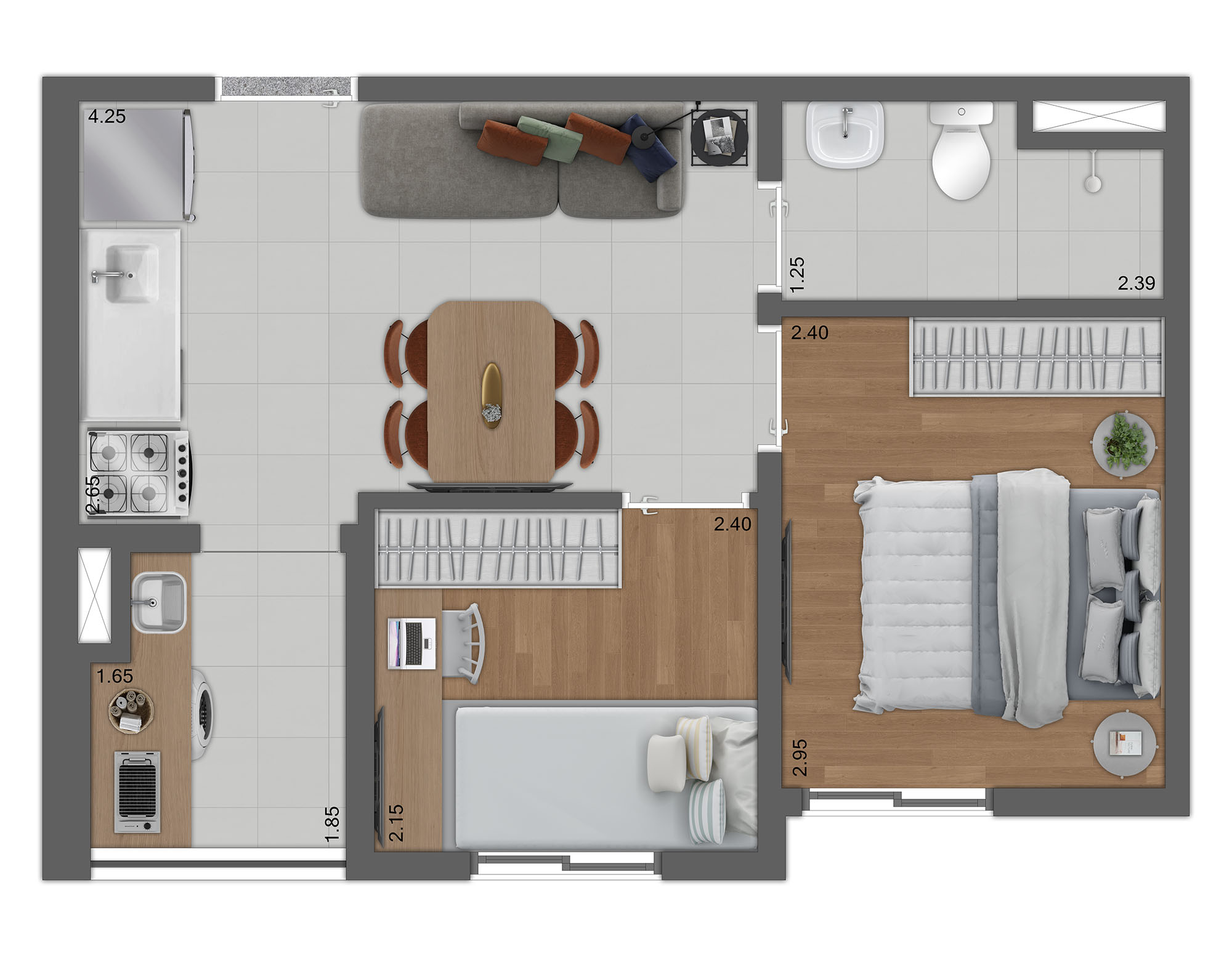 Planta Tipo D - Padrão - 2 Quartos 34m²