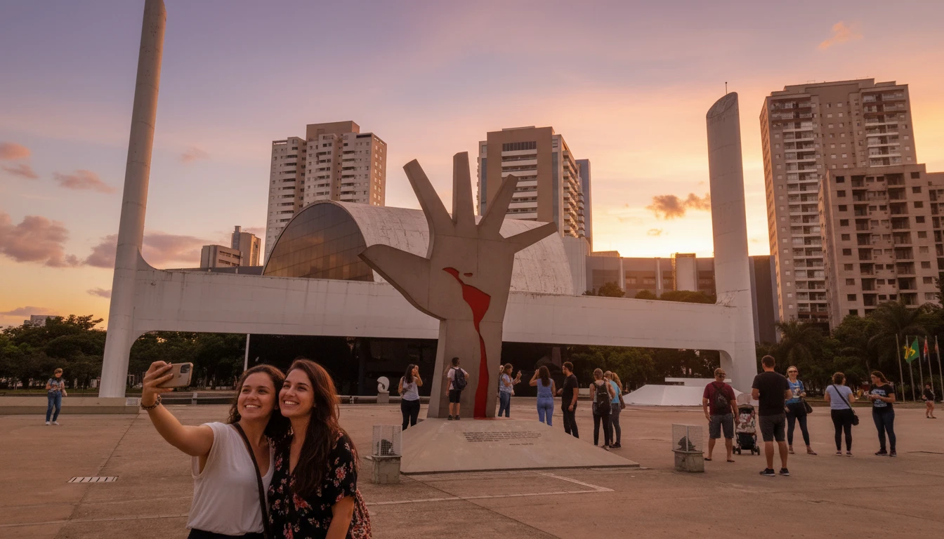 O que fazer na Barra Funda - amigas tirando foto na frente do monumento Memorial da América Latina