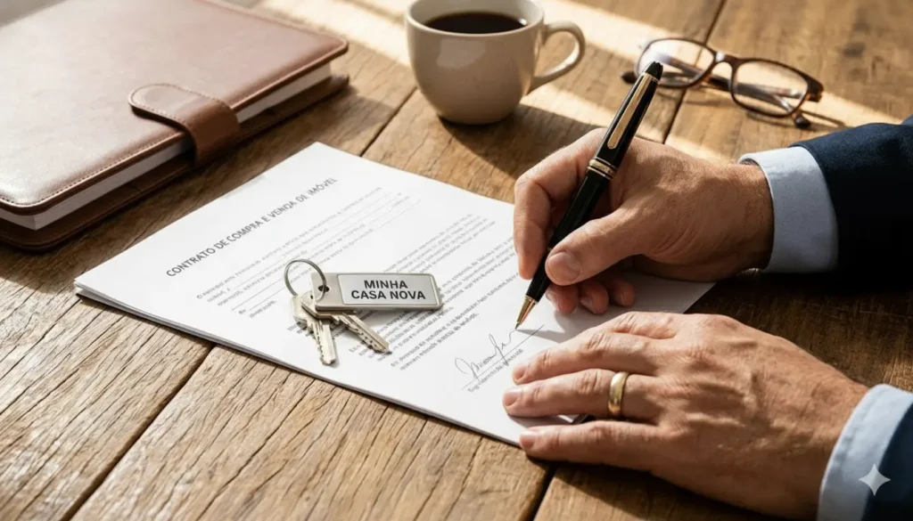 O momento da assinatura do contrato, após a análise da documentação, oficializa a conquista e é a etapa decisiva no processo de como comprar meu primeiro apartamento.