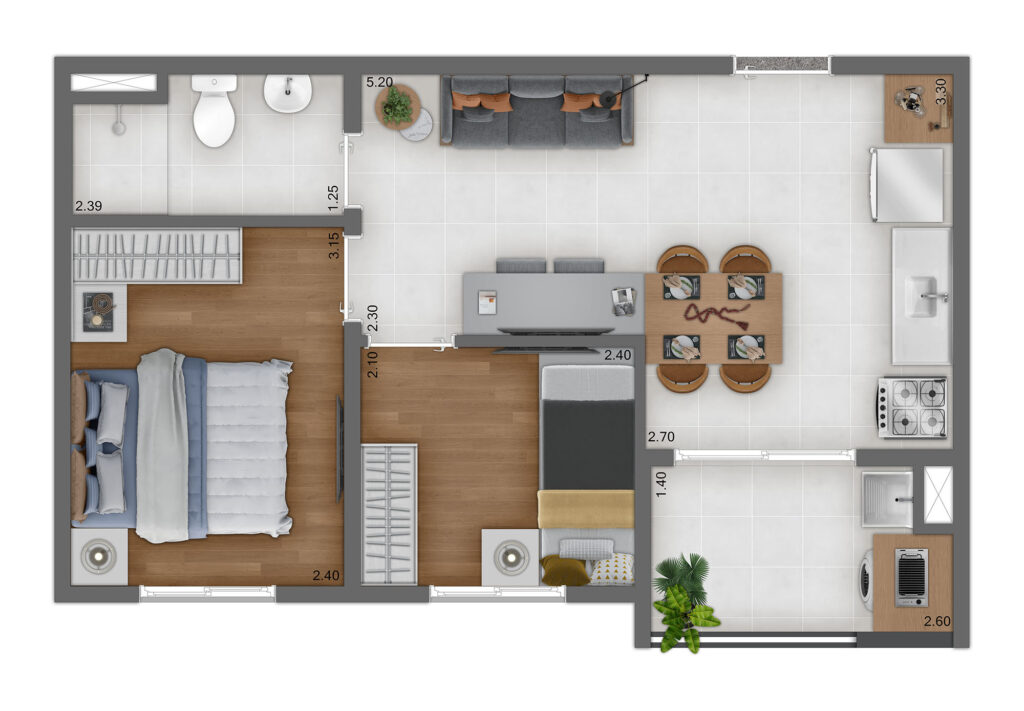Planta Tipo A - 2 Quartos - 38m²