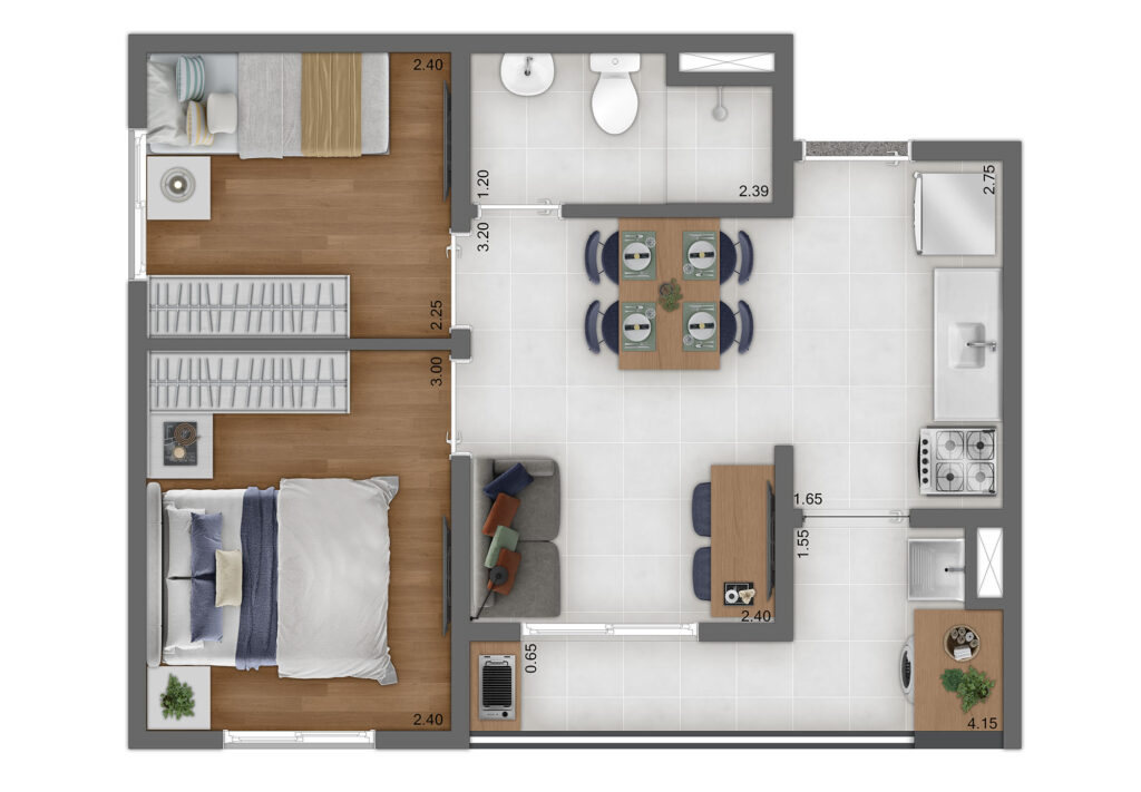 Planta Tipo B - 2 Quartos - 37m²