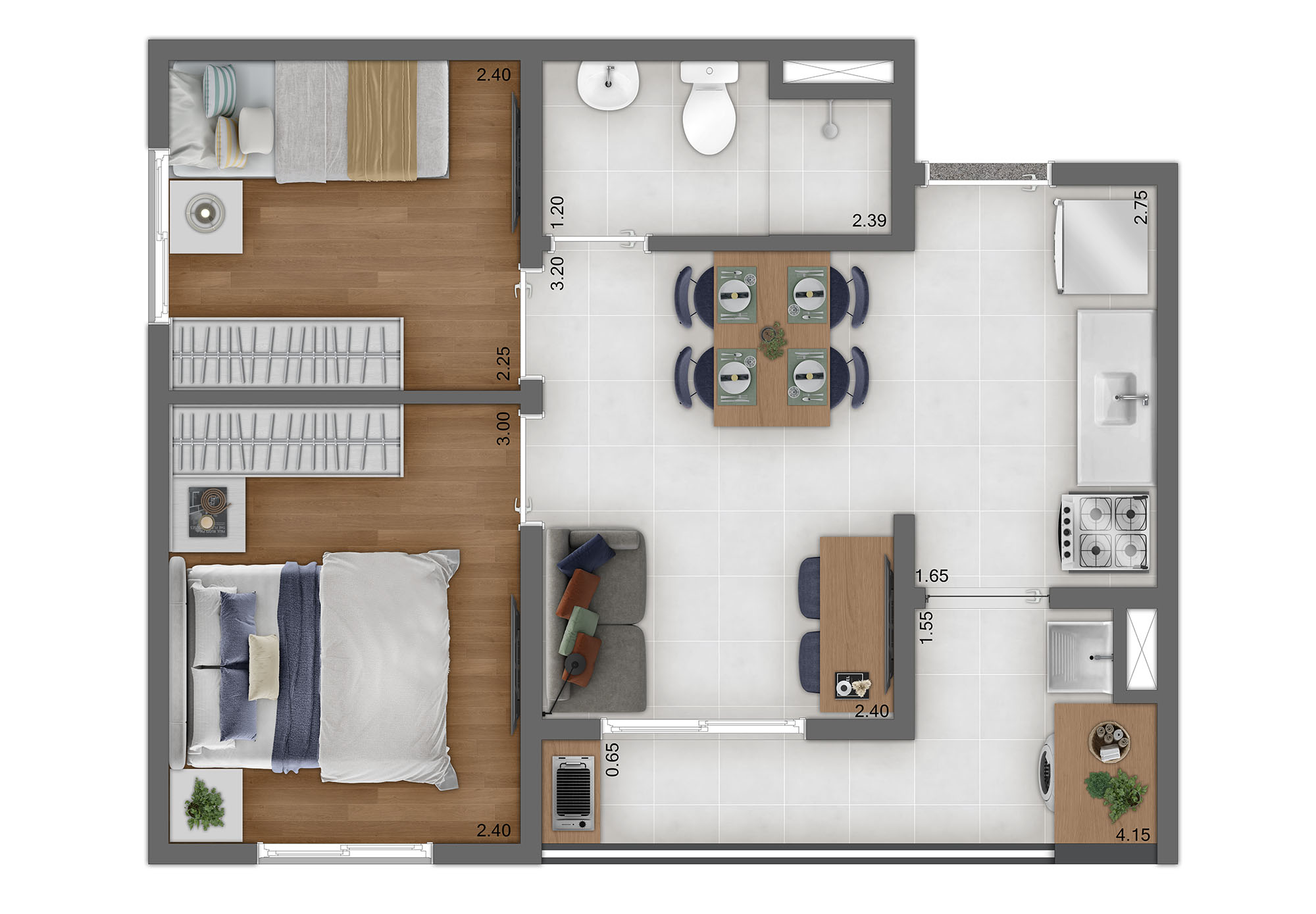 Planta Tipo B - 2 Quartos - 37m²
