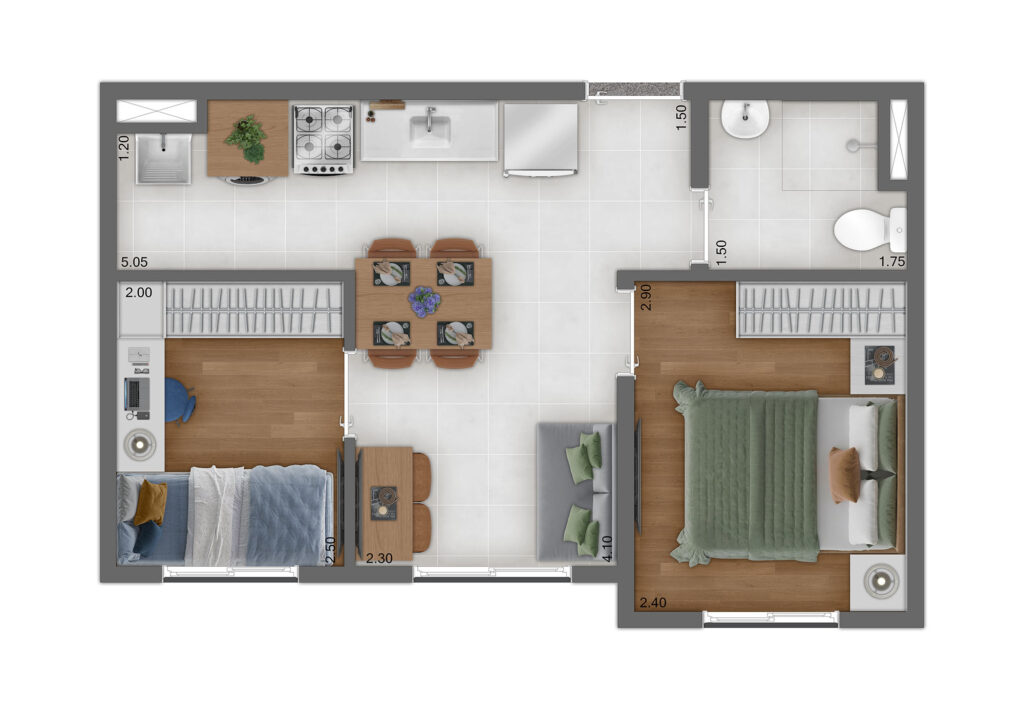Planta Tipo D - 2 Quartos - 31 e 32m²