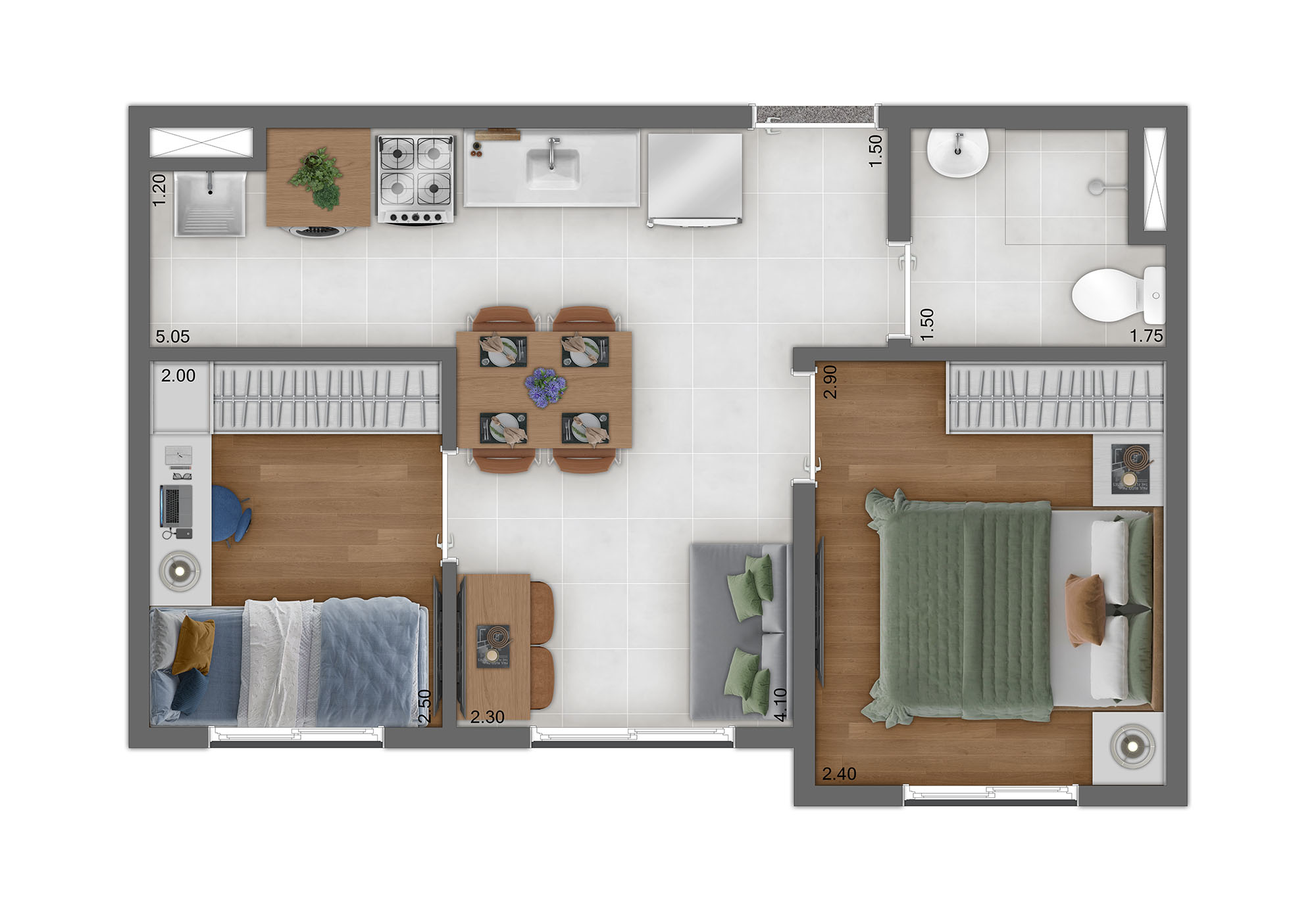 Planta Tipo D - 2 Quartos - 31 e 32m²