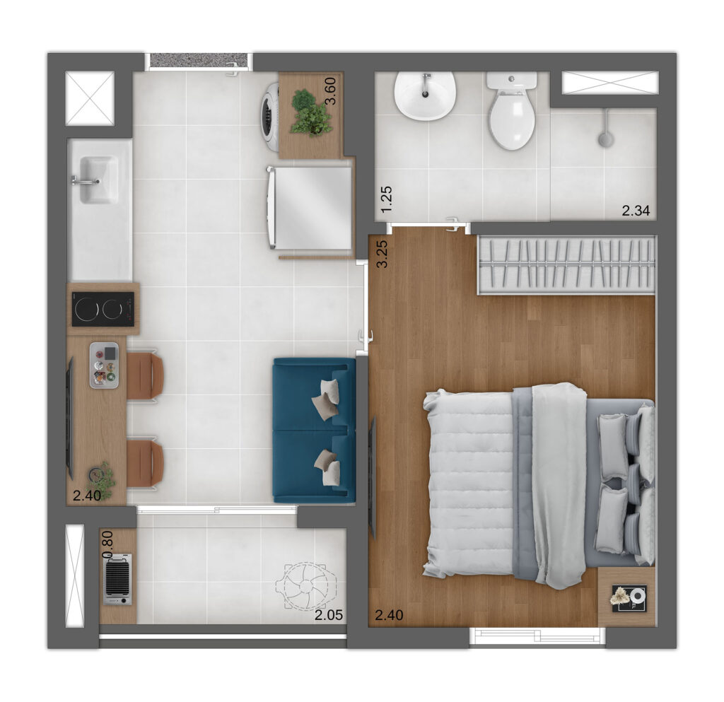 Planta Tipo A - 24M2 - 1 Dormitório