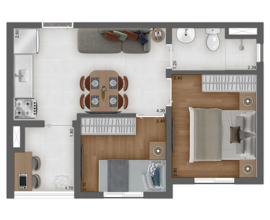 Planta Tipo C - 33M2 - 2 Dormitórios