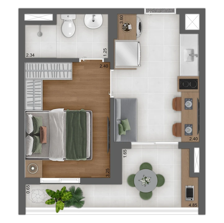 Planta tipo B e D 28/29m2