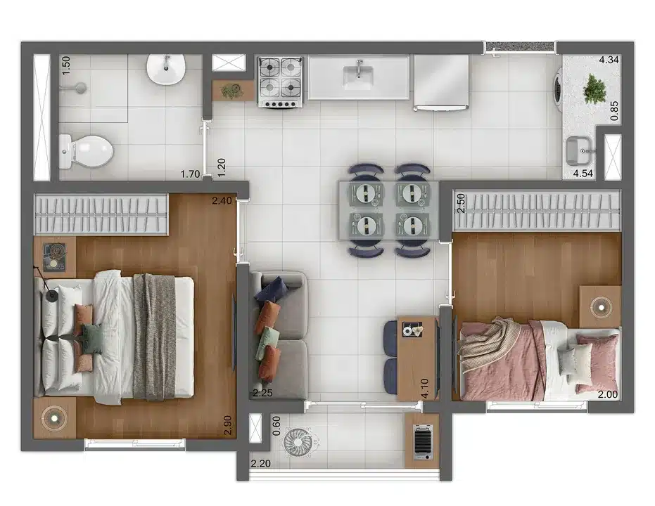 Planta Tipo A - 33 e 34M2 - 2 Dormitórios