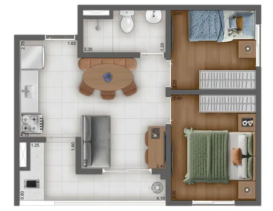 Planta Tipo C - 37M2 - 2 Dormitórios