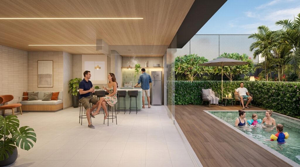 Perspectiva humanizada do espaço Quintal Kazzas para receber amigos e familiares de forma privativa